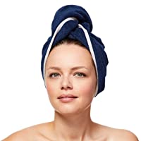Sowel® Toalla turbante de 100 % algodón orgánico con botón- para mujer- color azul marino y gris